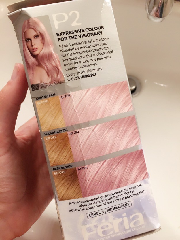 L'Oreal Feria Smokey Pastels Pink P2 side of box hair samples | Rose Gold Hair At Home | The Quick & Easy Hair Trend You'll Fall In Love With This Fall!