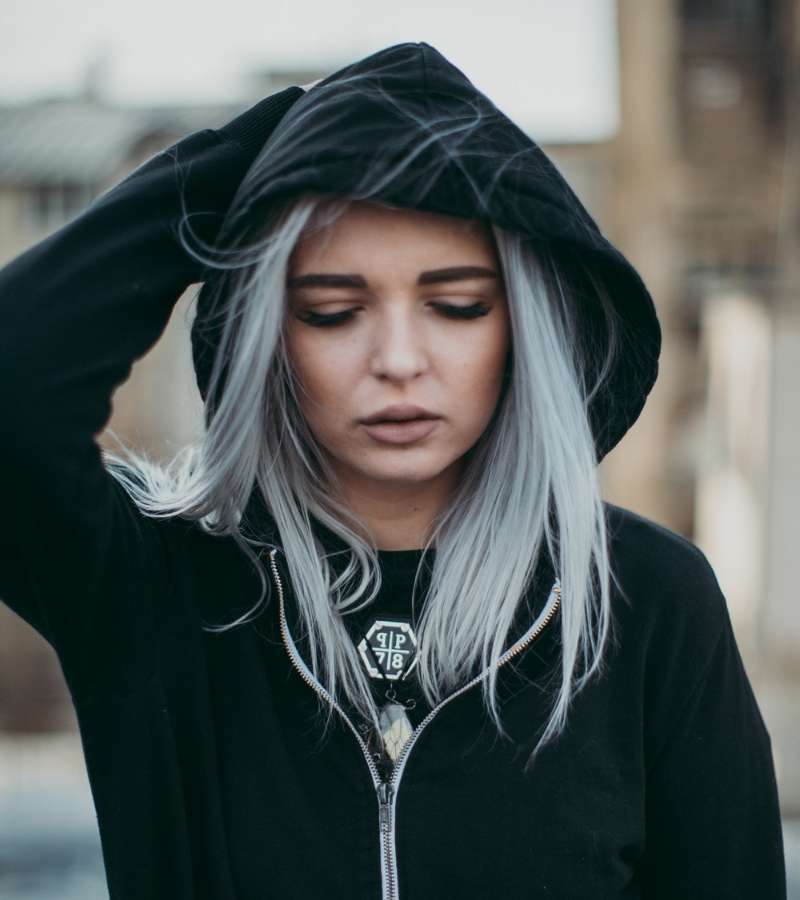 woman-in-black-zip-up-hoodie-and-platinum-hair | silver gray hair