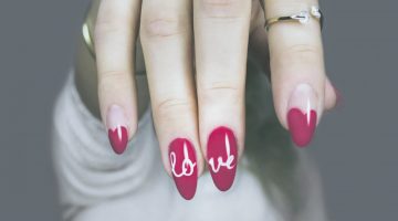 red and white manicure with love print | Holiday Nail Art Designs Too Pretty To Pass Up | holiday nail art designs | cute christmas nail designs | Featured
