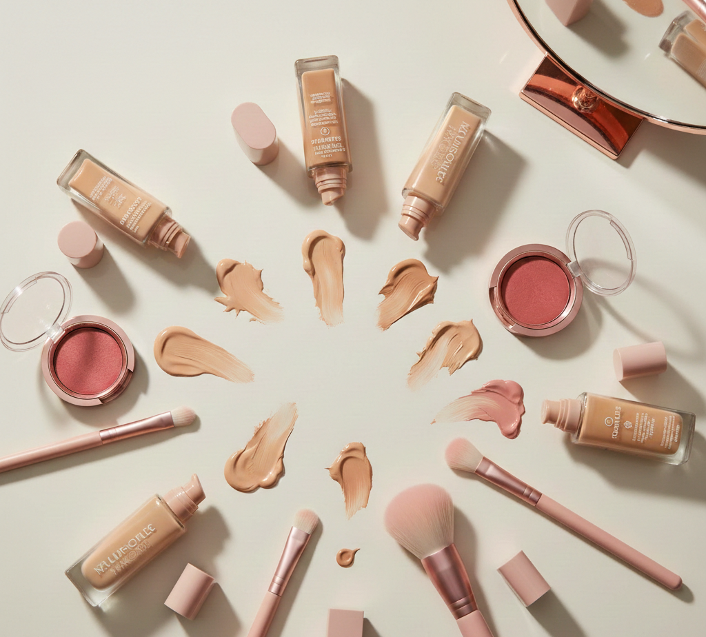 Flat lay of makeup products and foundation swatches showcasing the best drugstore foundation shades, textures, and finishes for affordable everyday makeup.