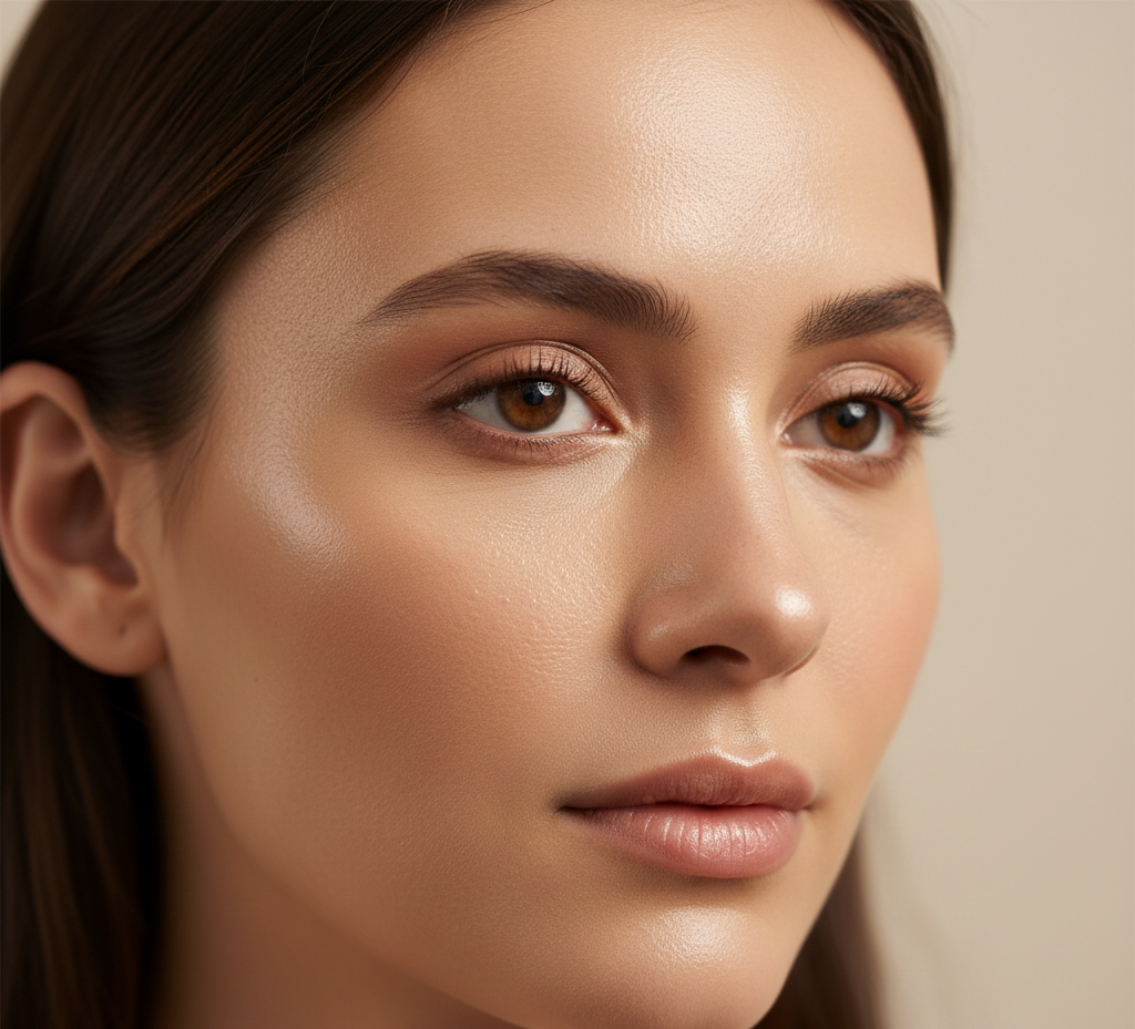 Close-up of natural makeup showing smooth, glowing foundation for dry skin with a hydrated, skin-like finish and soft neutral tones.