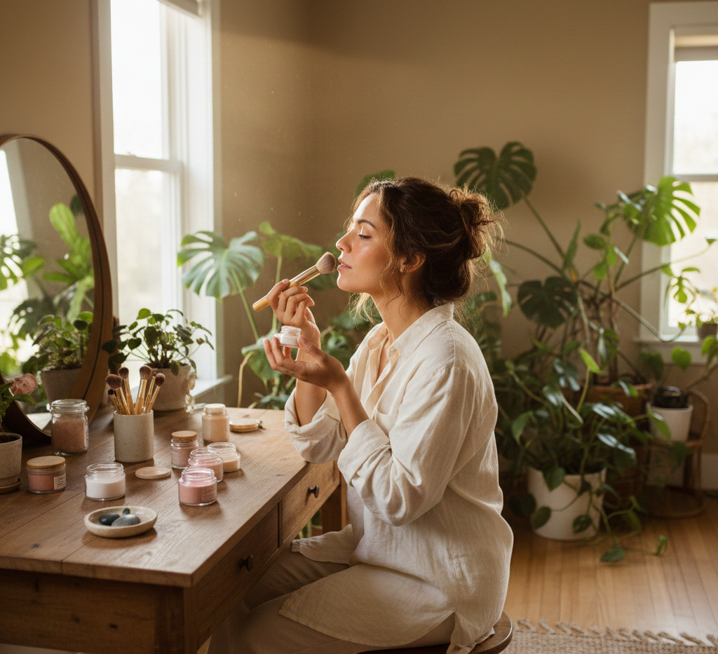 A woman in a linen shirt sits at a rustic wooden vanity in a sunlit, plant-filled room, applying sustainable products from minimalist makeup brands.