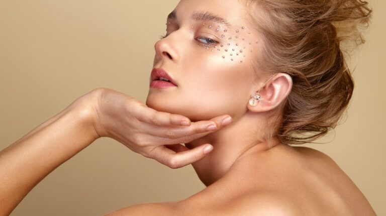studio portrait young cute blonde model | Simple And Clean Rhinestones Makeup Tutorial | featured