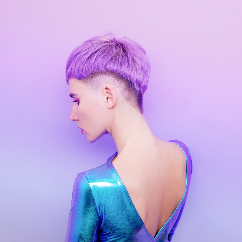 futuristic fashion girl violet short hair | short undercut
