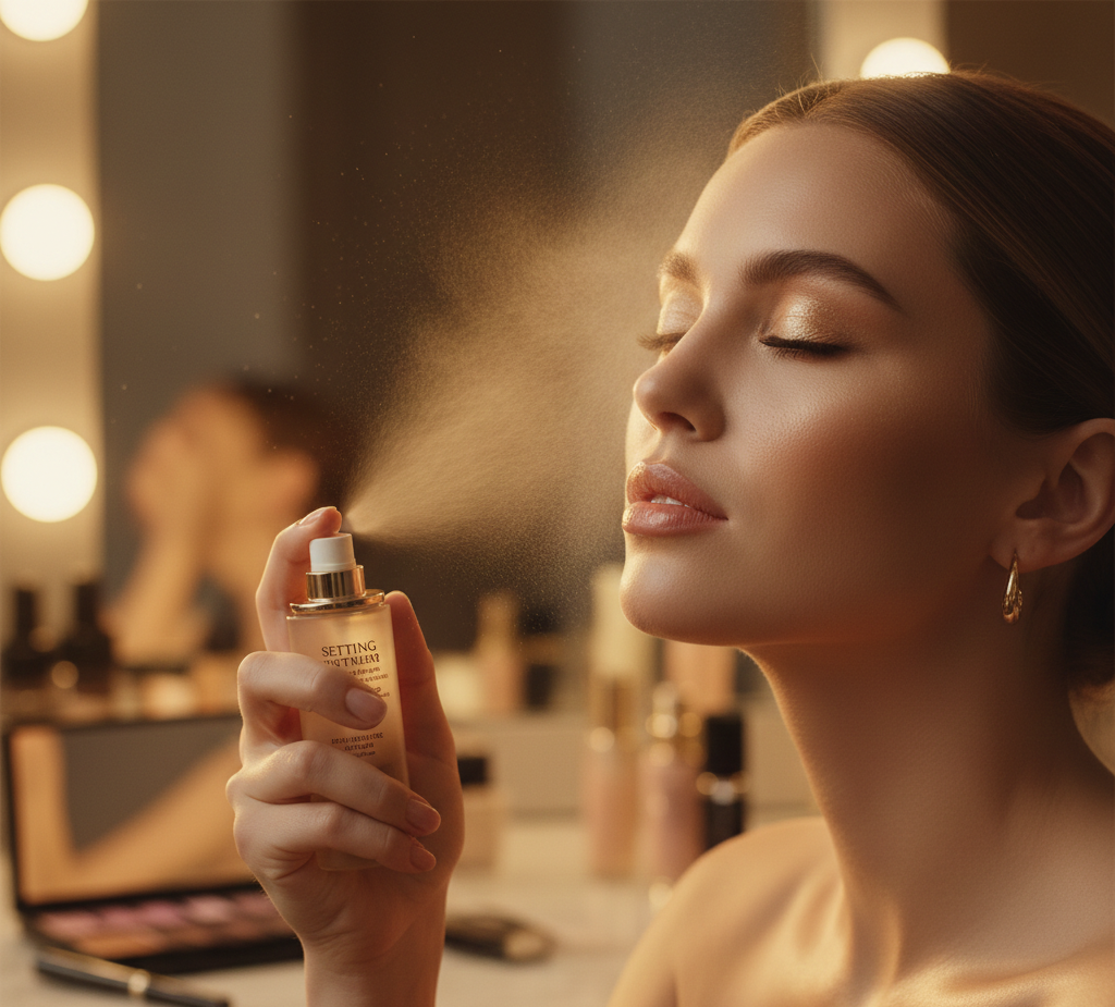 Woman applying setting spray to finished makeup for best setting spray all day wear, creating a flawless long-lasting look.