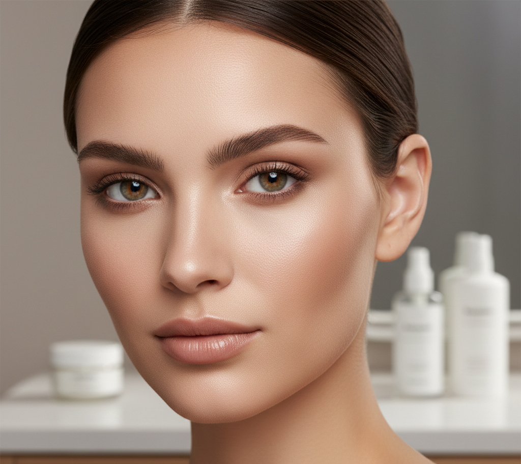 a high-end flat lay of matte foundation bottles and compacts arranged on a beige silk cloth, surrounded by oil blotting papers, brushes, and powder puffs, soft natural lighting with gentle shadows, minimalist luxury branding, 8k ultra-detailed, beauty product photography, octane render
