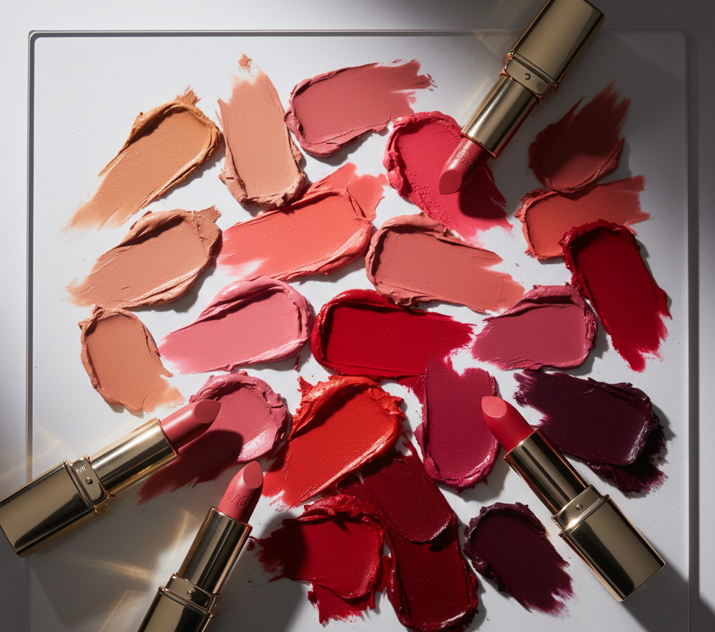 Lipstick shade swatches in nude, pink, red, and berry tones displayed with multiple lipstick bullets, showing different lipstick shade finishes and color depth options.