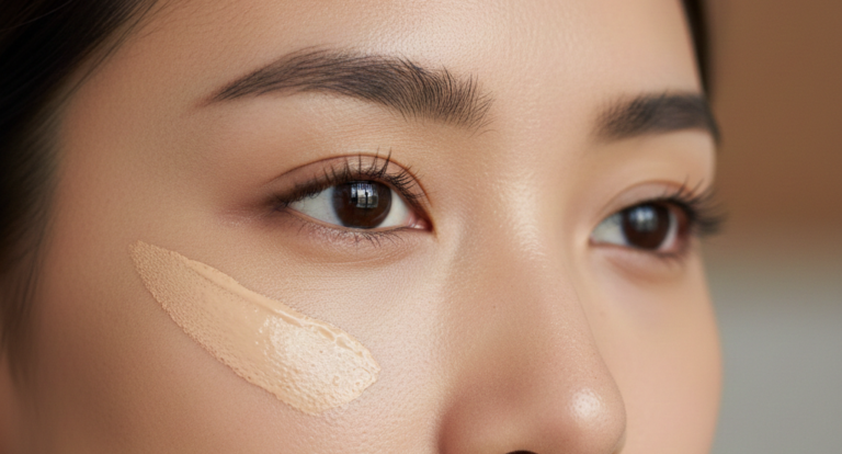 Close-up of under-eye concealer blended in an M-shape placement, showing a natural 5 minute makeup base technique for brightening skin on camera and under office lighting.