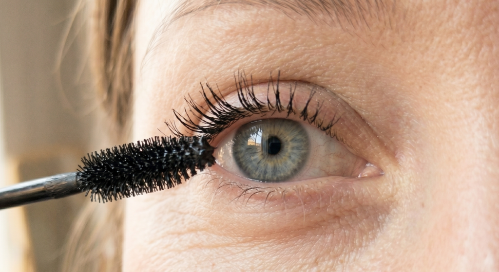 Woman with fair skin and mascara for sparse lashes sitting at a vanity mirror with no mascara on, natural window light, getting ready