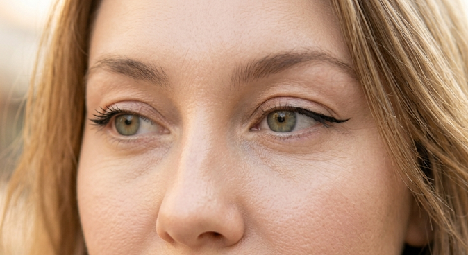 Woman with eyeliner for hooded eyes wearing thin winged eyeliner that stays visible above the lid fold in natural outdoor light.