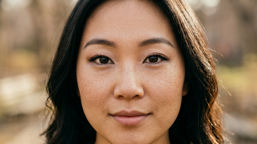 Woman with monolid eyes wearing natural monolid eye makeup including a thin liner line and defined lashes, photographed outdoors in soft natural light.