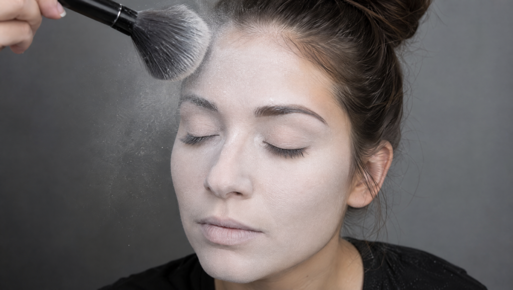 Day of the Dead makeup tutorial step 3: fluffy brush dusting white powder over the white base