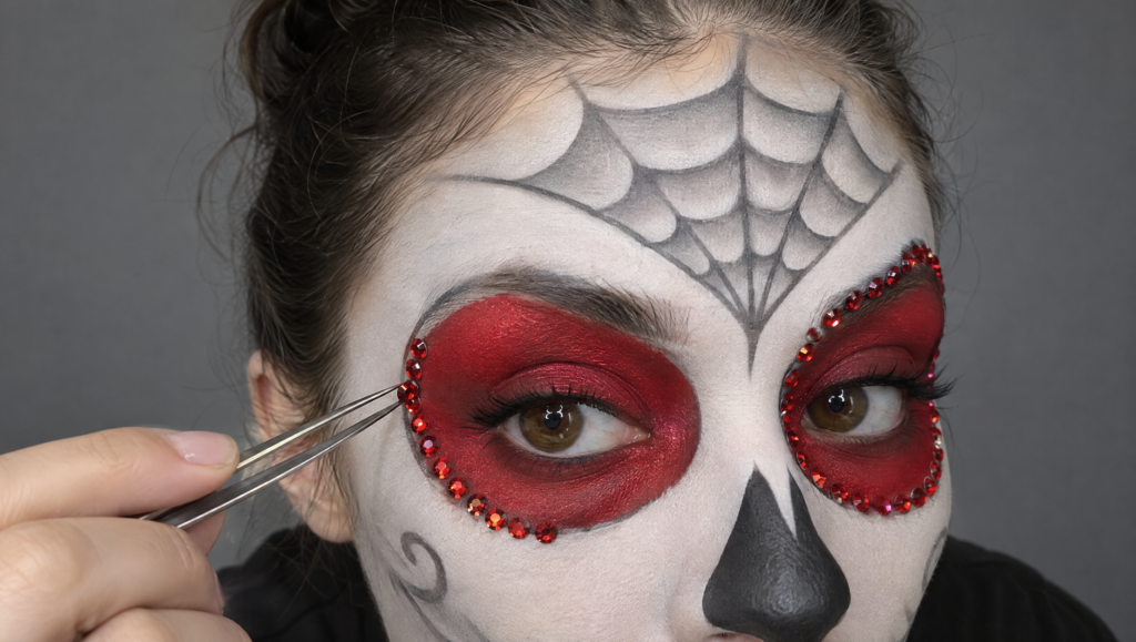Day of the Dead makeup tutorial step 9: tweezers placing red crystals along the edge of the red eye socket
