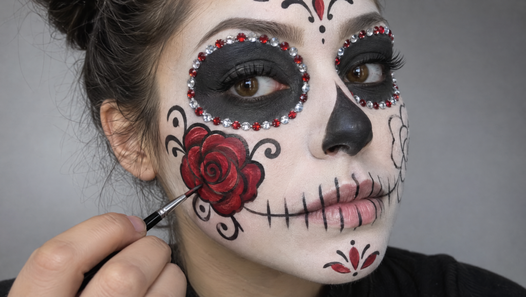 Day of the Dead makeup tutorial step 11: round brush painting a red flower with swirling petals on one cheek