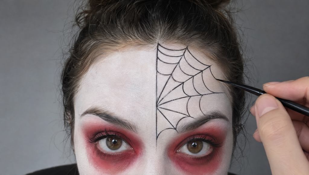Day of the Dead makeup tutorial step 7: thin black lines forming a spiderweb across half of the forehead