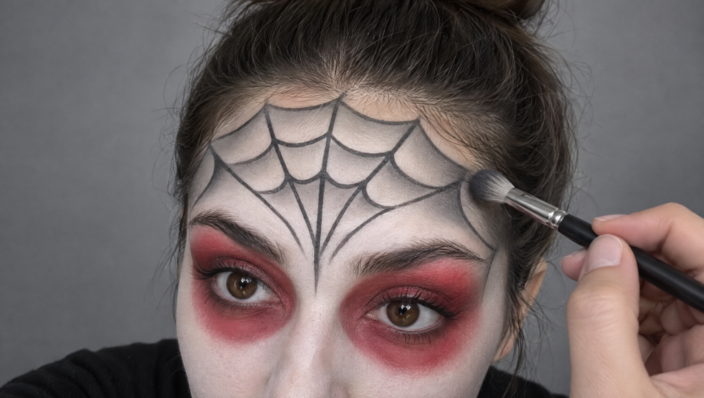 Day of the Dead makeup tutorial step 8: soft grey shading blended into the forehead design and temples