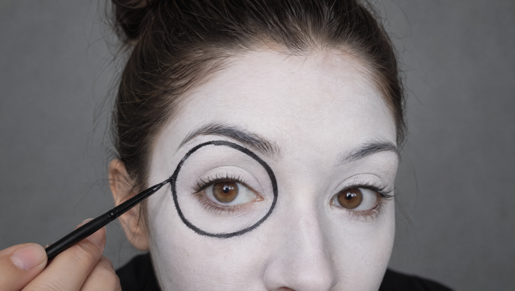 Day of the Dead makeup tutorial step 4: black liner tracing a large round eye socket outline around one eye